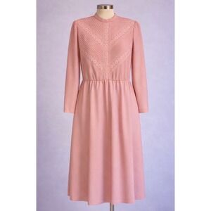 Vintage Agnus Normand Cathy Sue Pink Lace Pintuck Pleated Midi Dress Womens